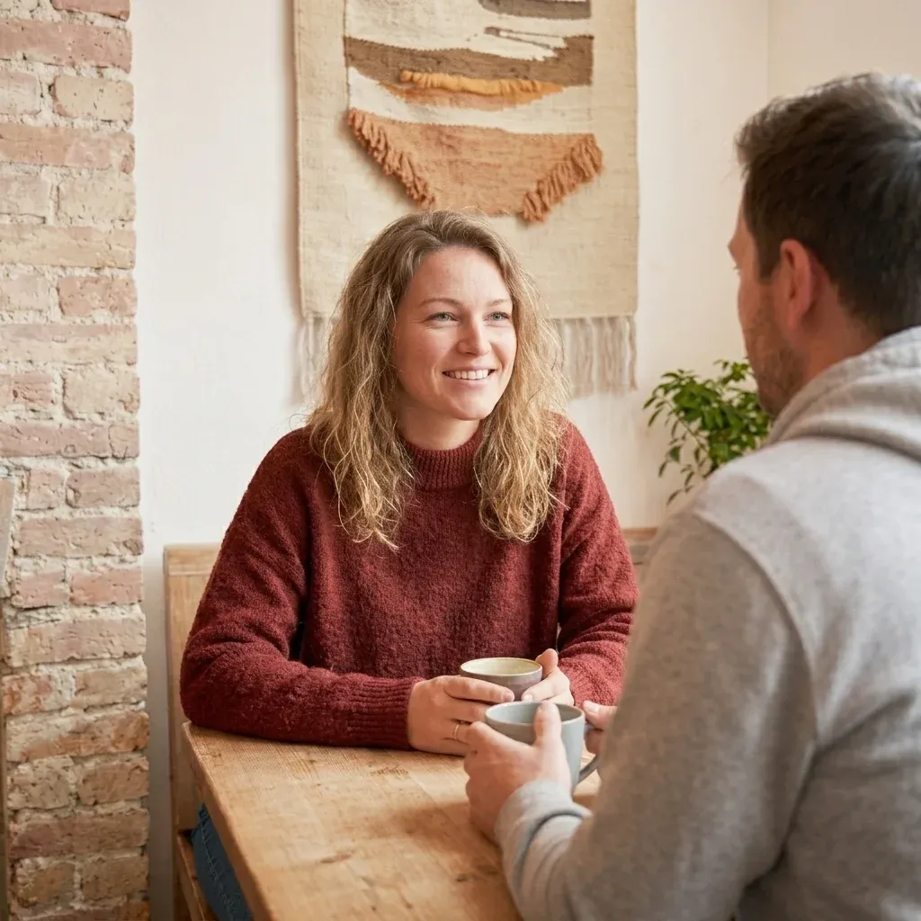 Twee mensen in een ontspannen gesprek aan tafel